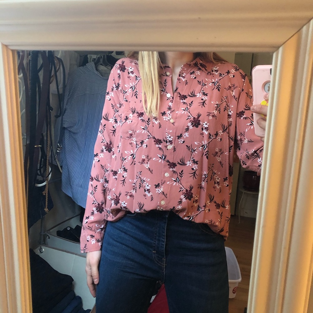 Loft Large Pink Floral Button Up Blouse like NEW